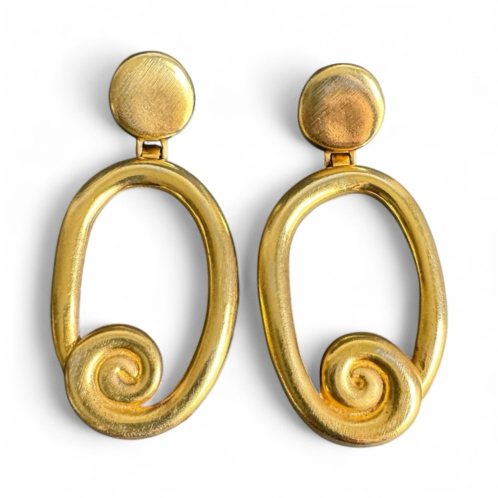 Vintage Gold Large Statement Earrings‎ Clip-On 80s Maximalist Dangle Drop